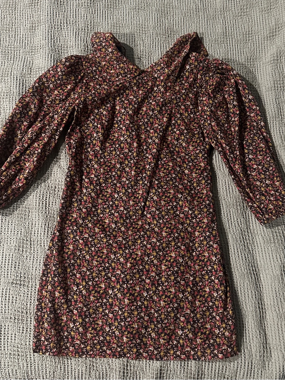 Free People Burgundy Floral Puff-Sleeve Mini Dress
